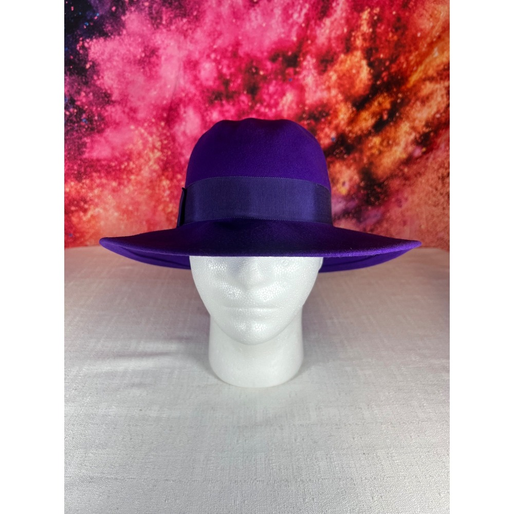 1980s Liz Claiborne Purple Wool Felt Wide Brim Fedora Hat Made in USA